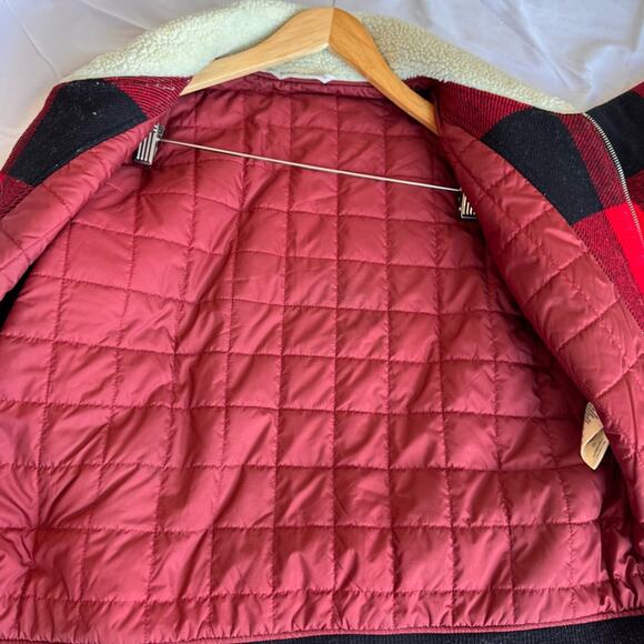 WOOLRICH Red Plaid Bomber Jacket Full Zipper Qulited Sherpa Large Women Wool - Picture 10 of 14